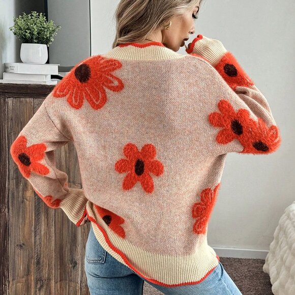 Multicolor Casual Women's 3d Floral & Cute Long Sleeve Warm Sweater - Picture 4 of 7